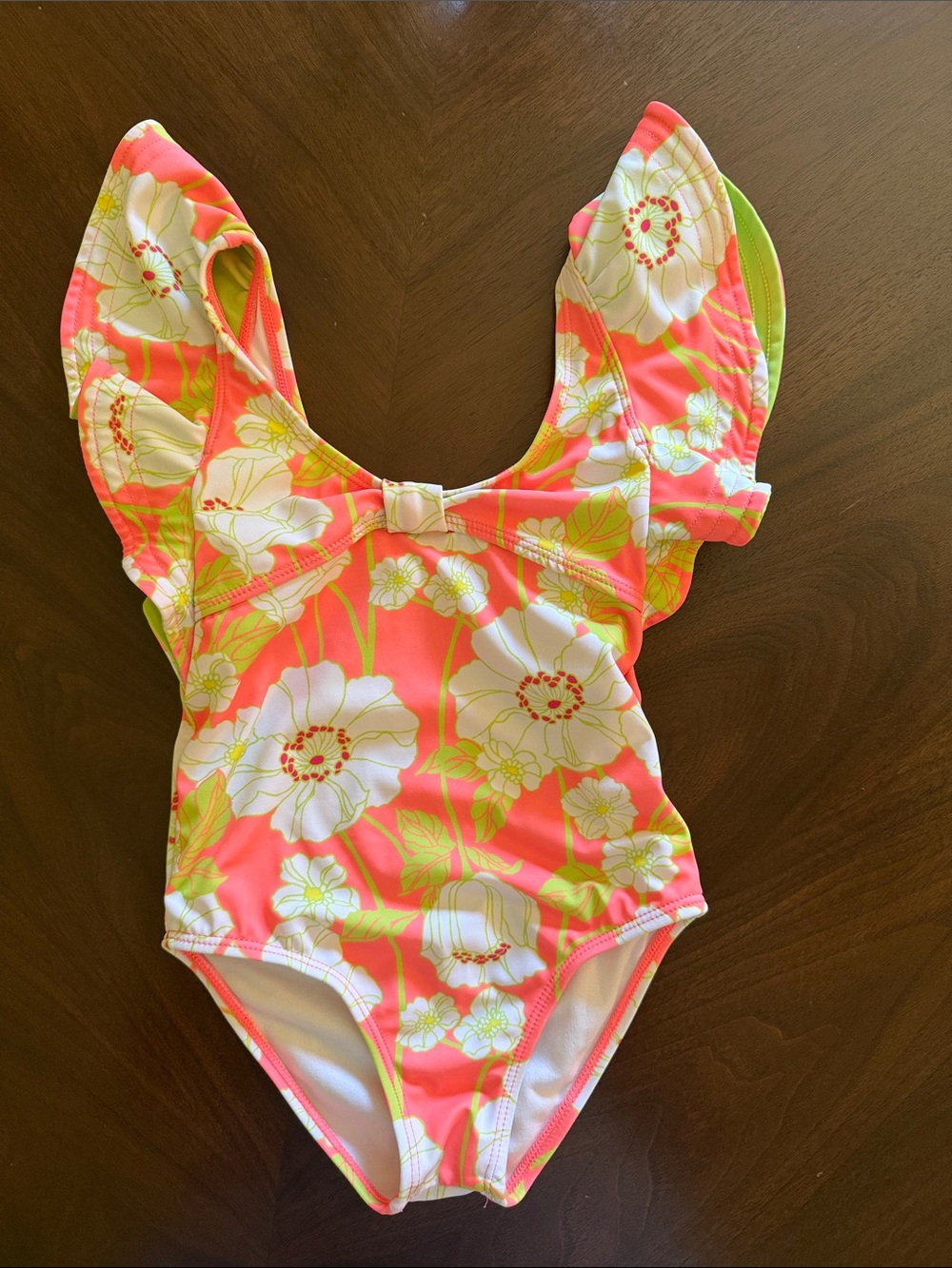 Janie and Jack Coral and White Floral Ruffle One-Piece Swimsuit